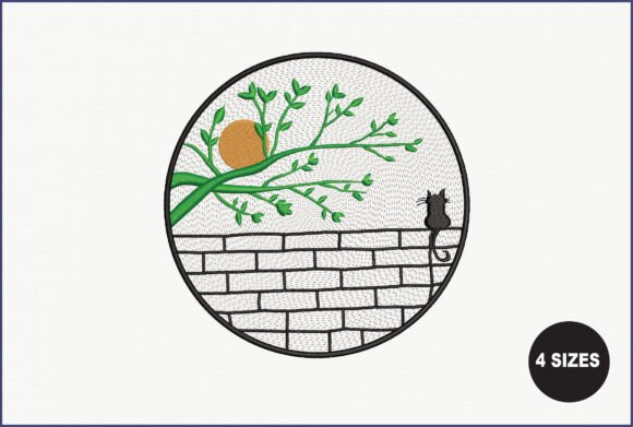 Cat on Wall with Tree and Sun Embroidery